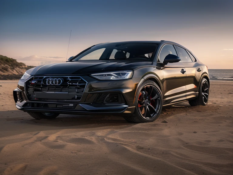 um close de um Audi Suv preto estacionado em uma praia, vehicle photography, fotografia automotiva, editado, fotografia comercial de carro, automatic photography, fotografia de carro, filmado em Canon EOS R5, cinematic front shot, filmado em Canon EOS R5, filmado na hora dourada, twilight scenario, plano ultra amplo, ar 9 cinematic filming:16 -n 6 -g