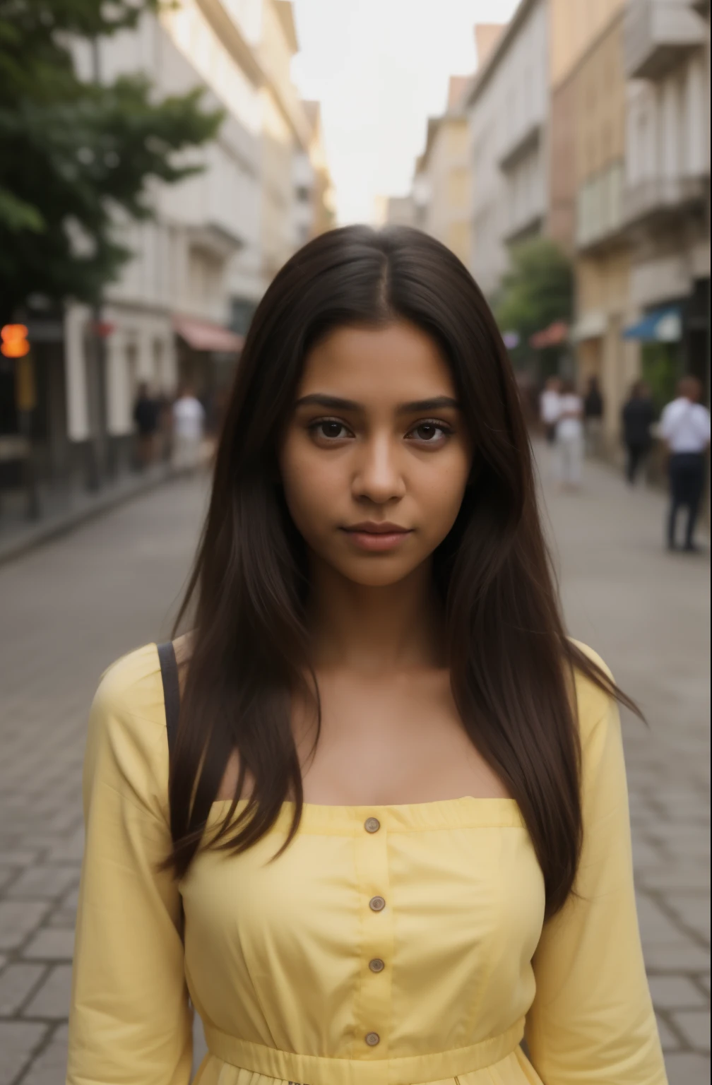 here is a woman in a yellow frock,half sleeve,outside,city,long hair,, indian girl with brown skin,europe street, sexy girl with dark complexion, tanned beauty portrait, hyper realistic, realistic digital painting, detailed beauty portrait, detailed beautiful portrait, with brown skin, in a europe city, photorealistic beautiful face, photorealistic, realistic female portrait, realistic woman