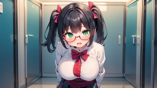 masterpiece,highest quality,wonderful,finely,High resolution,1 girl, big breasts,(scared:1.3), black hair, glasses, green eyes,twin tails, full body