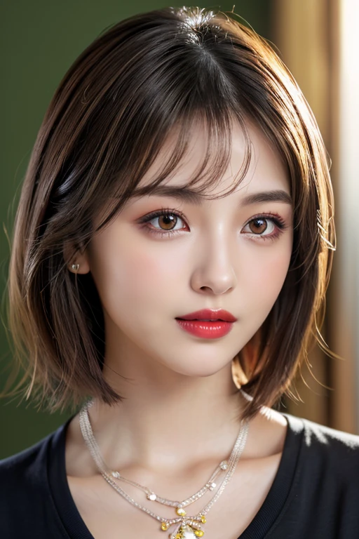 (highest quality、table top、8K、best image quality、Award-winning work)、(one young girl, 14 years old:1.3)、(Perfect V-neck red long knit sweater:1.2)、(red eyeshadow:1.2)、perfect makeup、long eyelashes、Super high-definition sparkling eyes、ultra high definition hair、ultra high resolution glossy lips、Super high resolution perfect teeth、Super high resolution cute face、brown hair、(very short straight hair:1.1)、look at me and smile、[clavicle]、accurate anatomy、(close up of face:1.5)、Luxury love hotel、(The most moody warm lighting:1.2)、blurred background、With bangs、Super high-resolution glossy and moisturized face、Super high resolution glowing skin、most detailed face、Ultra high resolution detailed faces、ultra high resolution hair、Super high resolution sparkling eyes、Beautiful face drawn in every detail、Super high resolution glossy red lips、big breasts、cleavage、Fashionable necklaces、high school girl uniform