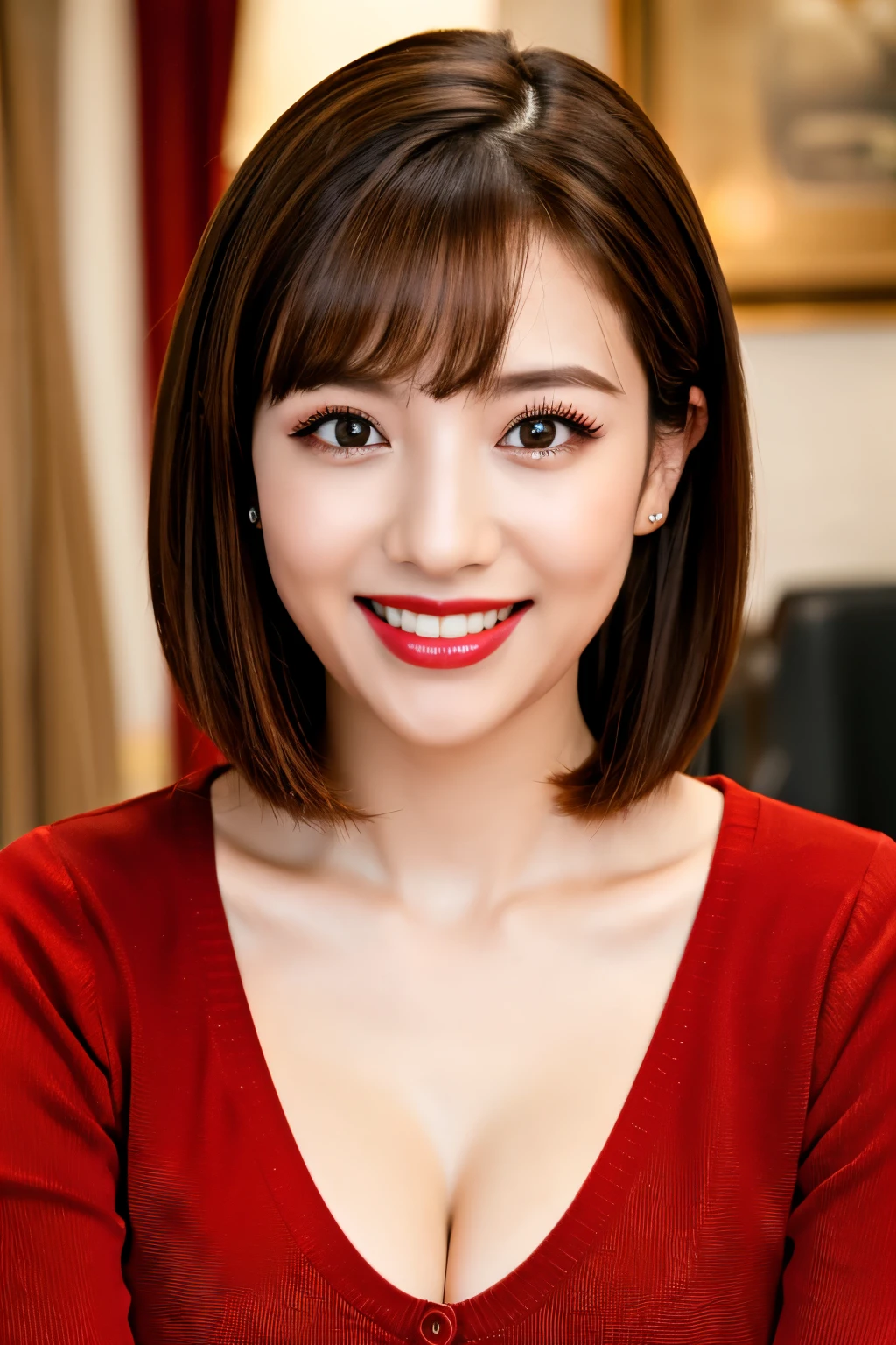 Highest quality. Tabletop, 8k, Best image quality, Award-winning works, One Girl, , Perfect V-neck long knit red sweater, Waist up upper body shot, (Look forward), Red eyeshadow, Perfect Makeup, Long eyelashes, Ultra HD Shining Eyes, Ultra HD Hair, Ultra-high resolution glossy lips, , Ultra HD cute face, Brown Hair, Very short straight hair, Look at me and smile, clavicle, Accurate anatomy, Face close-up, Luxury Love Hotel, The most atmospheric and warm lighting, Blurred Background