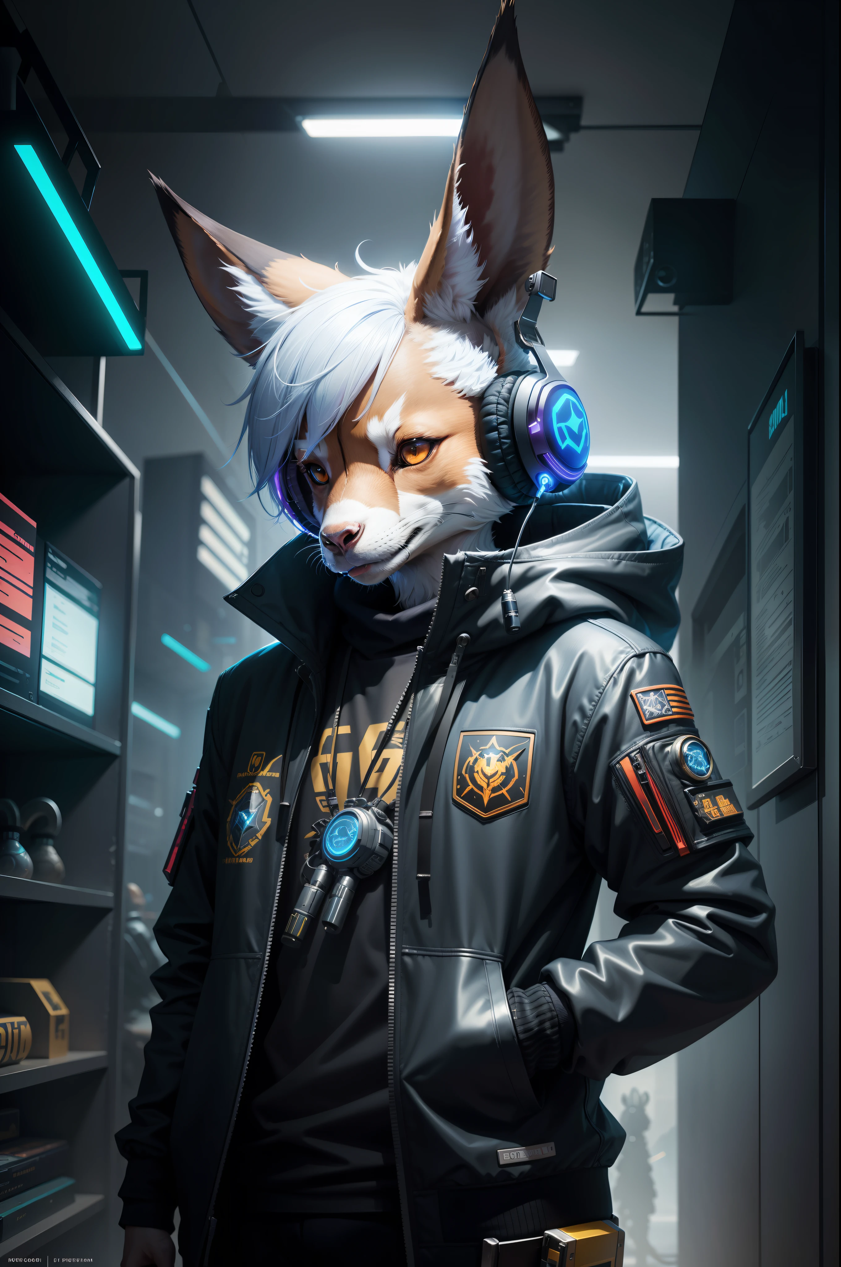 close-up de uma cabra usando fones de ouvido e uma jaqueta, Engenheiro do Povo Cyberpunk Mouse, Um ciborgue, Jackalope, Ciberpunk, Beeple Hybrid Mix Style, Beeple e Jeremiah Ketner, wojtek fus, esquisito voidpunk fursona, cosmic tiefling d&D, Estilo Starfinder, an anthropomorphic cyberpunk fox, personagem estelar