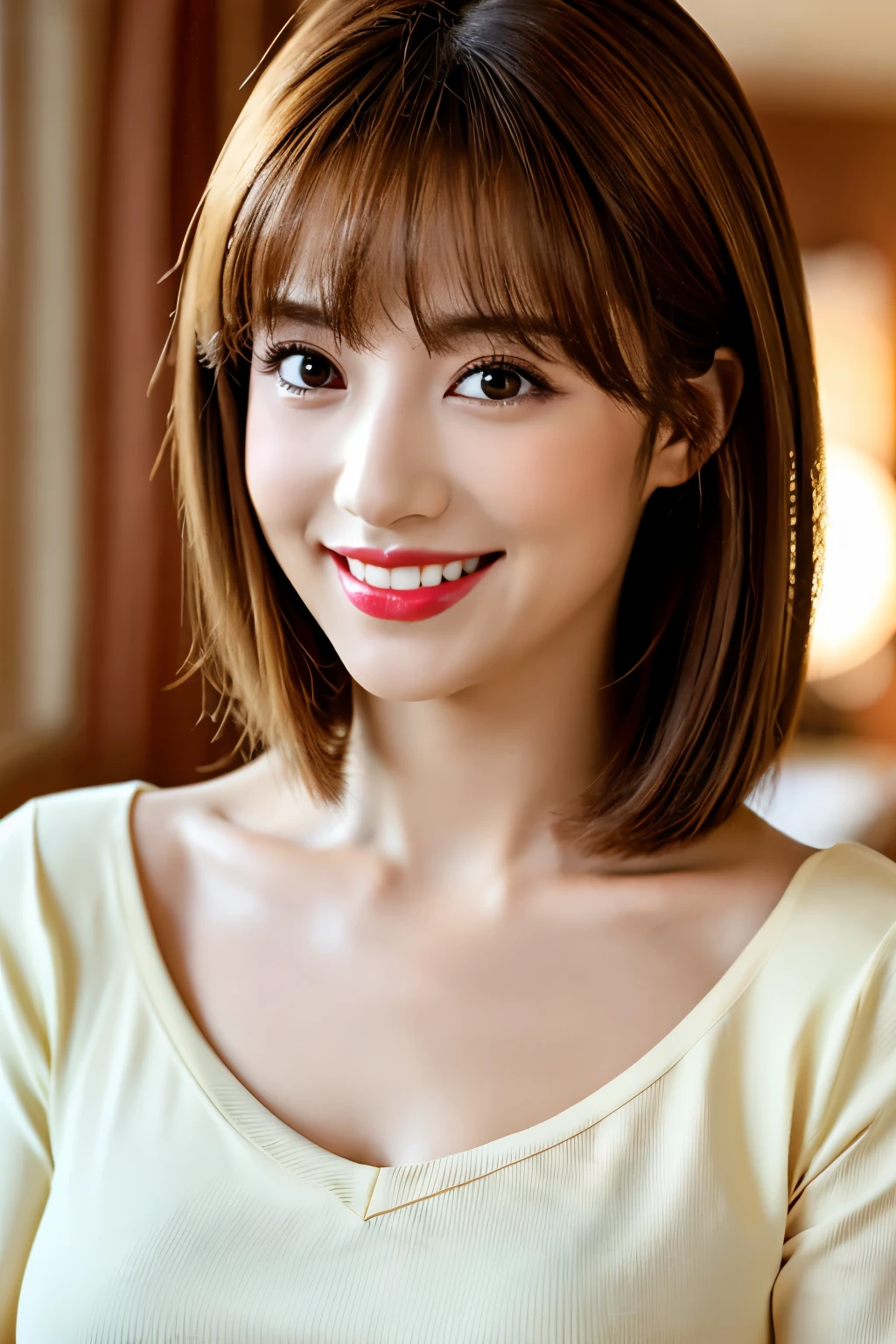 highest quality, table top, 8K, best image quality, one young girl, Perfect V-neck red long knit sweater, red eyeshadow, perfect makeup, long eyelashes, ultra high definition hair, ultra high resolution glossy lips, Super high resolution cute face, brown hair, very short straight hair, ((look at me and smile)), clavicle, blurred background, With bangs, big breasts, cleavage