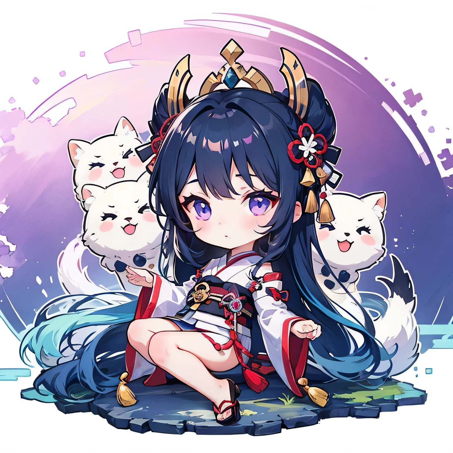 chibi, ((body complete)), ((high detailing)), ((high quality)), 1 girl, long hair, black to dark blue ombre hairstyle, purple eyes, japanese outfit, Chibi style, transparent background, center position.