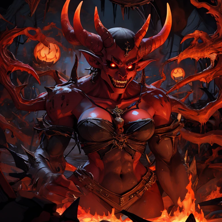 Female, demon, no hair, muscular, baldi, ajull hat, female, scary, two horns, hell, strong body, normal size