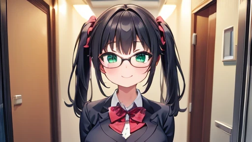 masterpiece,highest quality,wonderful,finely,High resolution,1 girl, big breasts,(smugness:1.3), black hair, glasses, green eyes, twin tails, full body