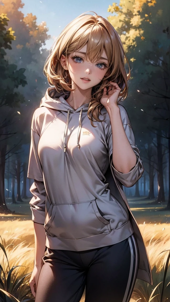 best quality, masterpiece, 8k, photmrealistis, ultra high resolution, an extremely delicate and beautiful, HDR, cinematic lighting, medium shot, portrait, perfect female body, beautiful woman, mature female, contrapposto, hand on the head, looking at viewer, grass field, medium hair, blonde harr, hoodie, jogger pants, cheerful,