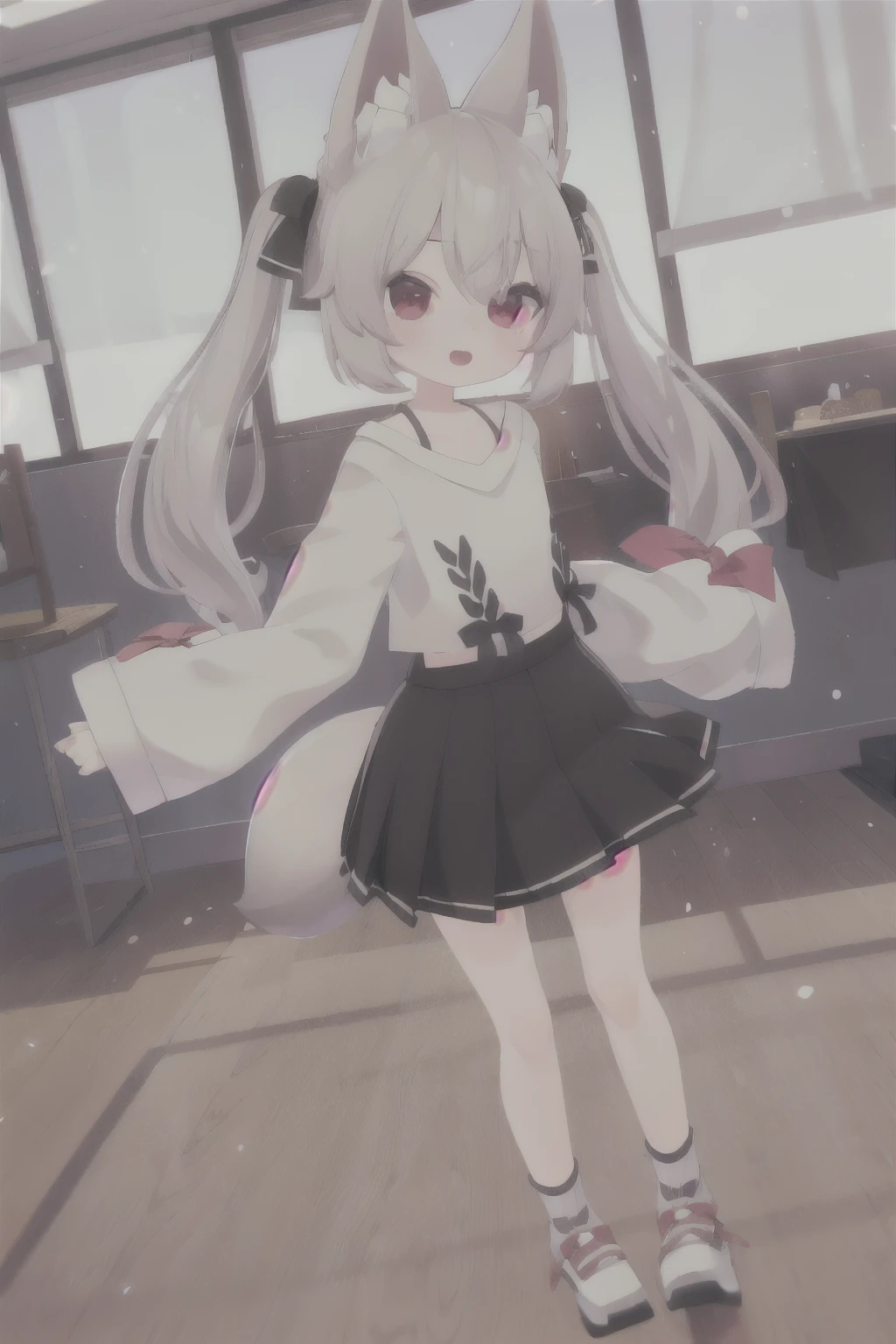 masterpiece, best quality, 1girl, solo, grey hair, long hair, twintails, bangs, hair between eyes, animal ears, fox ears, animal ear fluff, red eyes, tail, fox tail, virtual youtuber, shirt, white shirt, long sleeves, sleeves past wrists, bow,
hair bow, red bow, ribbon, skirt, pleated skirt, black skirt, indoors, looking at viewer, carpet, wooden table, blue sky, open mouth, happy,