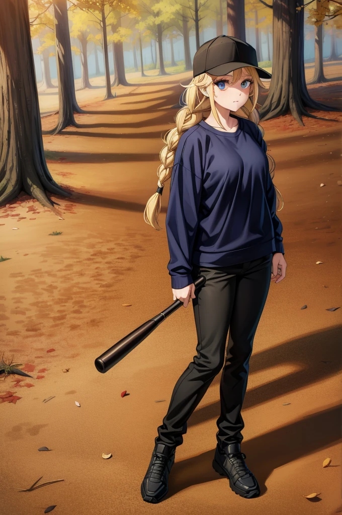 a woman in black baseball hat and sweater standing on trail in autumn color forest, 1girl, solo, blonde hair, blue eyes, hat, braid, twin braids, long hair, pants, long sleeves, black headwear, outdoors, baseball cap, tree, black pants, shirt, shirt tucked in