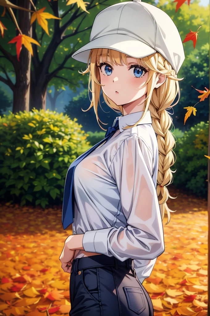 a girl with blonde hair wearing a white shirt and a baseball cap, 1girl, twin braids, blue eyes, solo, autumn leaves, autumn, outdoors, blonde hair, long hair, braid, hat, pants, breasts, looking at viewer, shirt, arms behind back, tree, bangs