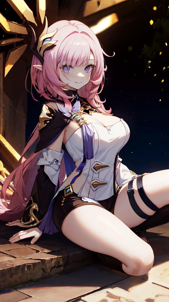 (realistic painting style:1.0), masterpiece, 最high quality,  disorganized, ((full body)),Elysia (miss pink goblin) (Honkai Impact), slit pupil, Elysia (Honkai Impact), goblin, pointed ears, 1 girl, chest, cleavage, alone, pink hair, tongue, tongue out, large chest, looking at the viewer, shorts, hair ornaments, black shorts, blue eyes, bangs, long hair,  black knee high boots, smile, short shorts, closed mouth, long sleeve, sitting, pink eyes, ((very detailed background)), (((cowboy shot,dynamic angle)))，1 girl,,(shiny skin:1.3),(Beautiful and dense skin),(thin hair), masterpiece, high quality, High resolution, confused,(beautiful and aesthetic:1.2), beautiful hands, (4k), 8K, perfect balance,(Highly detailed CG Unity 8K wallpaper), perfect hands, embarrassing, blush, light_vestige,intricate details,Depth of written boundary, extremely delicate and 美しい,professional photography, Bokeh, High resolution, sharp details, 最high quality, thick thighs,beautiful eyes, beautiful background, outdoor，