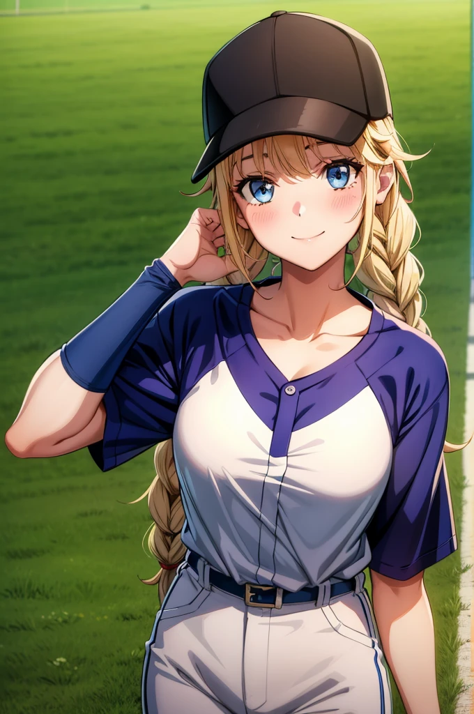 a girl with a catcher's mitt on the field of a baseball game, baseball uniform, 1girl, baseball cap, breasts, solo, blue eyes, baseball mitt, blonde hair, cleavage, braid, hat, twin braids, outdoors, baseball, sportswear, smile, shirt, long hair, short sleeves, day, blush, collarbone, bangs