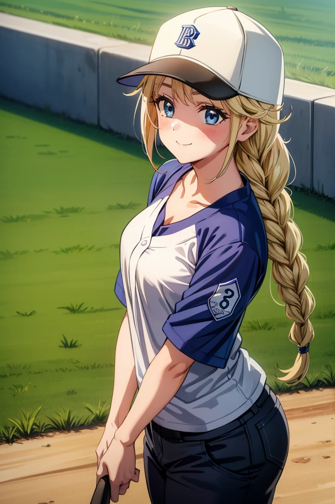 a girl with a catcher's mitt on the field of a baseball game, baseball uniform, 1girl, baseball cap, breasts, solo, blue eyes, baseball mitt, blonde hair, cleavage, braid, hat, twin braids, outdoors, baseball, sportswear, smile, shirt, long hair, short sleeves, day, blush, collarbone, bangs