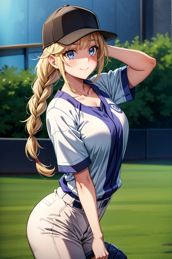 a girl with a catcher's mitt on the field of a baseball game, baseball uniform, 1girl, baseball cap, breasts, solo, blue eyes, baseball mitt, blonde hair, cleavage, braid, hat, twin braids, outdoors, baseball, sportswear, smile, shirt, long hair, short sleeves, day, blush, collarbone, bangs