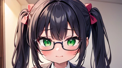 masterpiece,highest quality,wonderful,finely,High resolution,1 girl, big breasts,(naughty face:1.3), black hair, glasses, green eyes, twin tails, full body