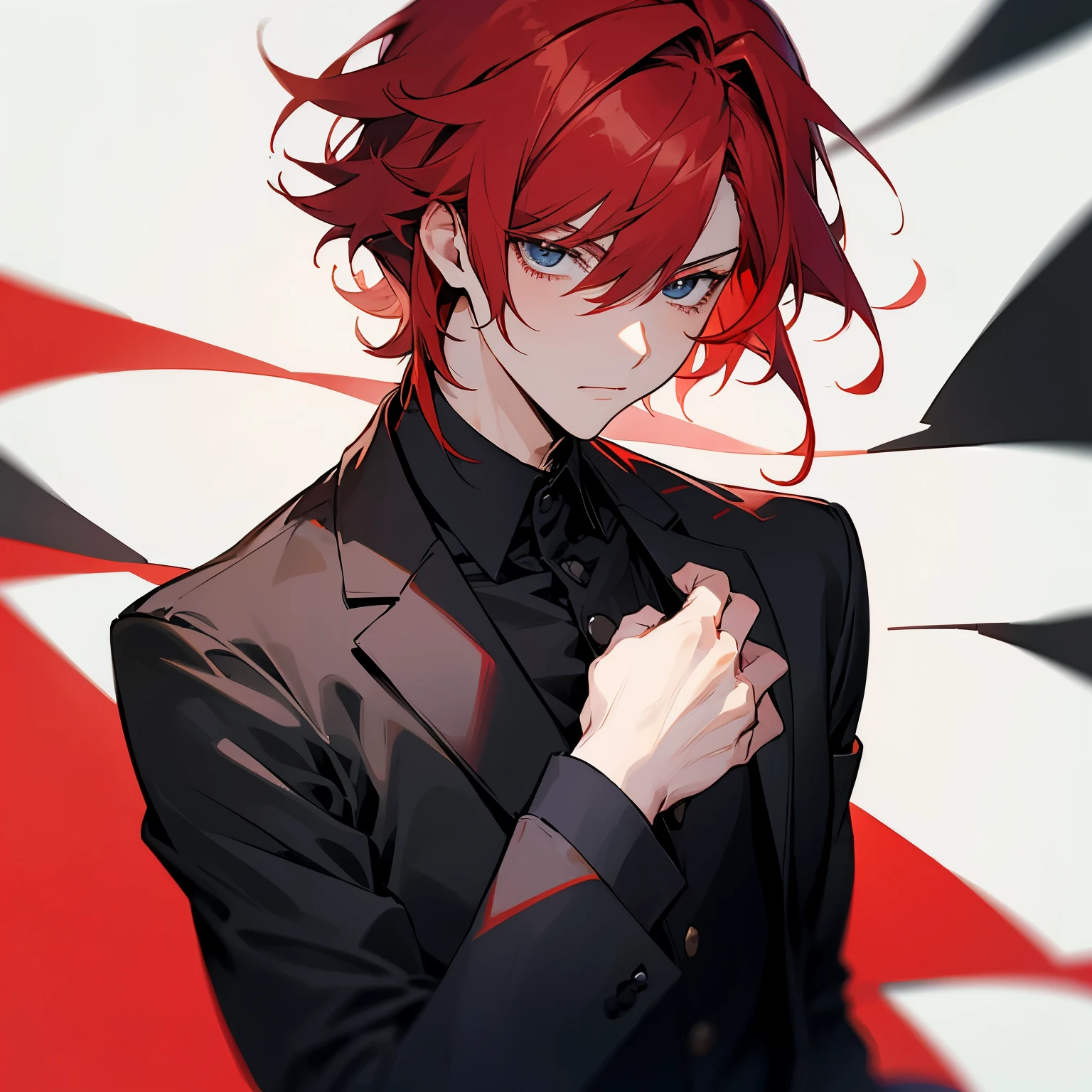 Two anime boys, red hair, black suits, closeup, red hair, black and white hair