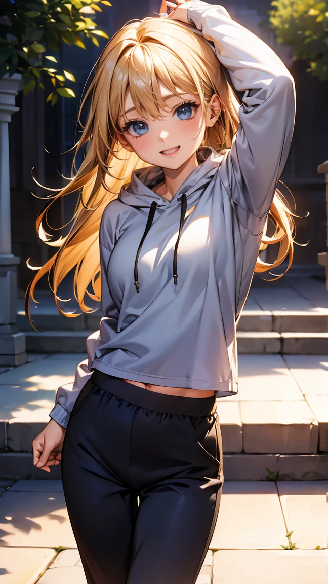 This magical sight、first、This is a masterpiece drawn in ultra-high resolution 8K quality.。The scene is filled with photorealism and HDR brilliance.、Cinematic lighting enhances the portrait of a beautiful woman。She exudes a mature charm.、Standing in contrapposto pose、He has one hand on his head and is looking at the viewer.。Behind her is a meadow、Her medium-length blonde hair flutters in the wind.。She has a cheerful smile、Wearing a hoodie and jogger pants。