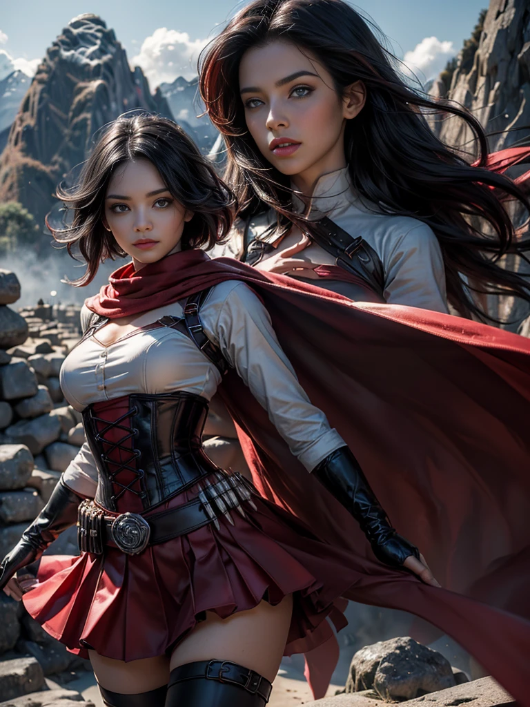 (masterpiece,stunning girlfriend, (standing:1.1), dynamic pose, heart shaped face,elegant face, beautiful face, highly detailed face, highly detailed skin, skin pores, subsurface scattering, realistic pupils, loving smile, looking at viewer, full lips, detailed background, depth of field, atmospheric perspective, volumetric lighting, sharp focus, absurdres, realistic proportions, good anatomy, (realistic, hyperrealistic:1.4), 16k hdr, 1girl,atlasrose, (short black hair), gradient hair, grey eyes, red cape, white shirt, pantyhose, belt, red skirt, corset, thigh boots, fingerless gloves,masterpiece,best quality,extremely detailed, standing outdoors, Machu Picchu, peru, rose petals, wind,