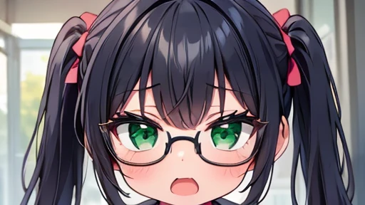 masterpiece,highest quality,wonderful,finely,High resolution,1 girl, big breasts,(ahegao:1.3), black hair, glasses, green eyes,twin tails, full body