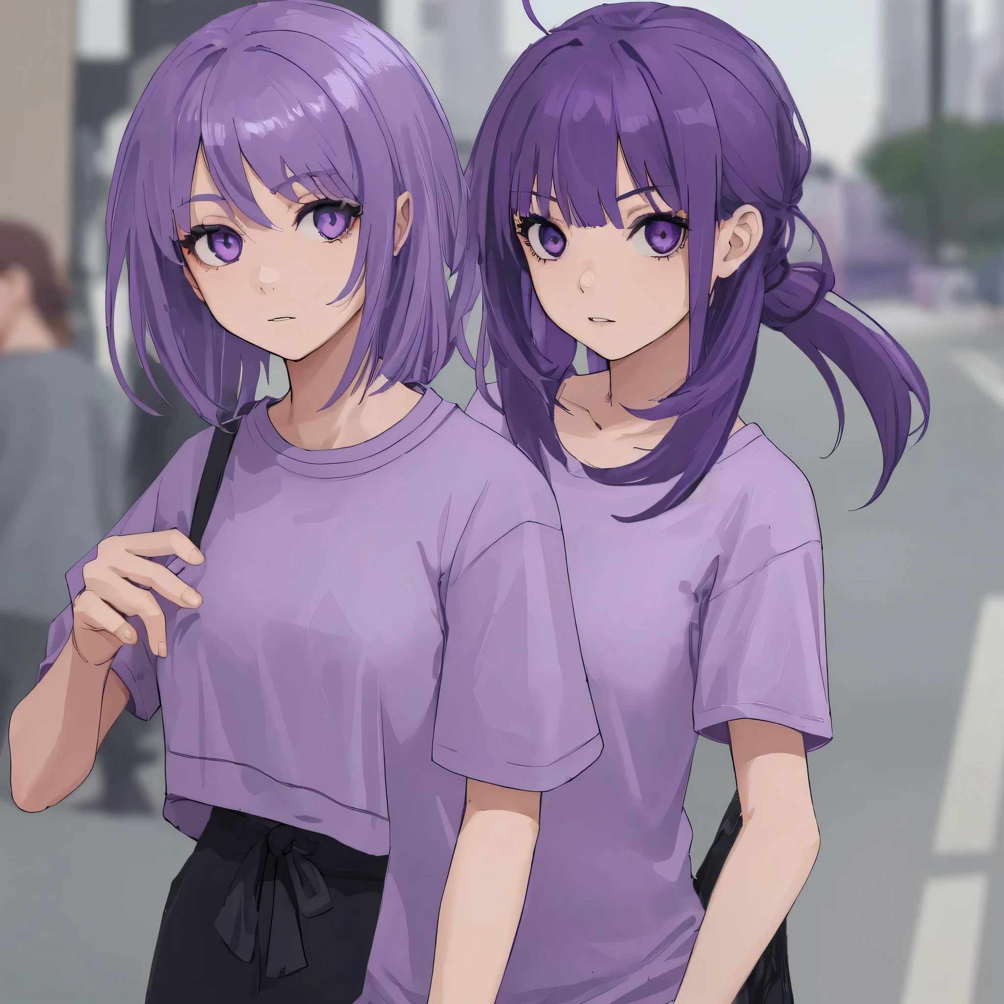 girl with purple hair, gray eyes and a purple T-shirt