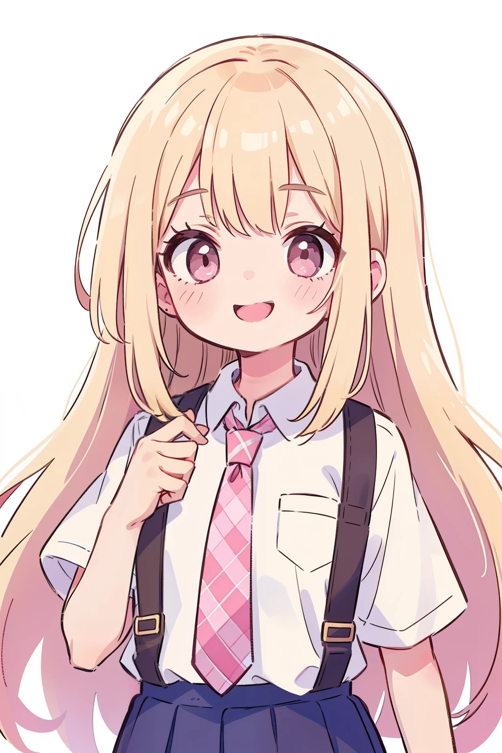 (Top quality), (masterpiece), (super detailed), beautiful girl, (smile), (1 girl, ,))((gal)), uniform, collapsed uniform, (gal's uniform,) long hair, blonde, gal piece, (piece), upper body, pink eyes, delicate eyes, (8K), tie pink, pink tie, pink checkered tie、Best Quality、masutepiece、Brown skin、brown skinned、