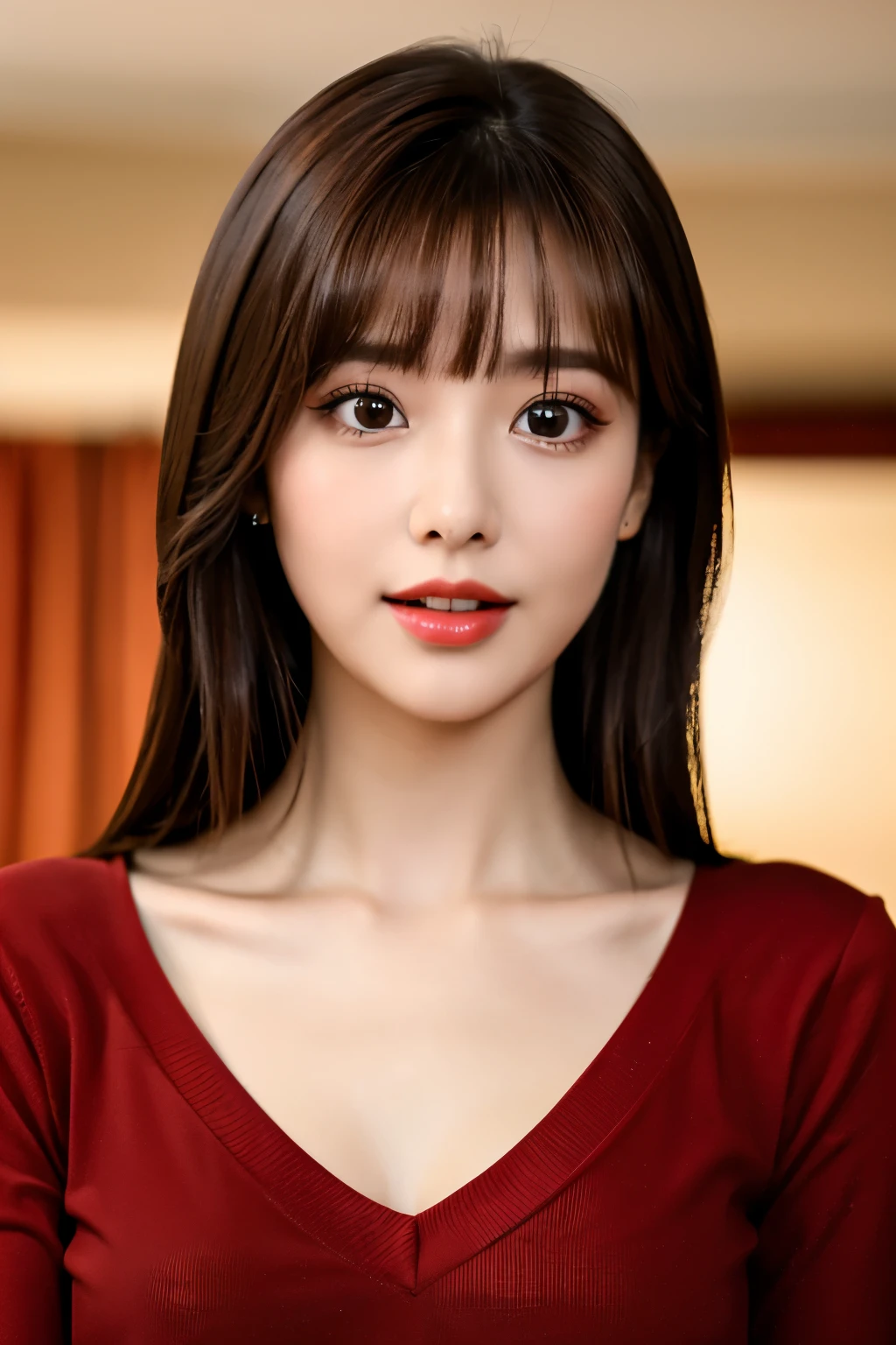 highest quality, table top, 8K, best image quality, one young girl, Perfect V-neck red long knit sweater, red eyeshadow, perfect makeup, long eyelashes, ultra high definition hair, ultra high resolution glossy lips, Super high resolution cute face, brown hair, very short straight hair, ((view audience)), clavicle, blurred background, With bangs, big breasts, cleavage