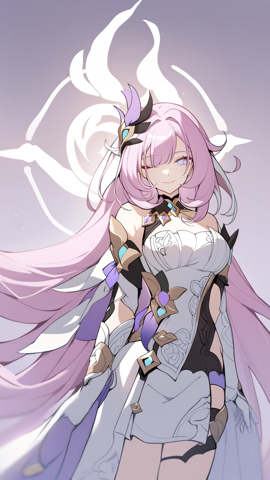 1 girl, Elysia \(Honkai Impact\), alone, closed one eye, white gloves, gloves, dress, looking at the viewer, smile, white dress, closed mouth, bare shoulders, chest, pupil in the shape of a symbol, simple background, very long hair