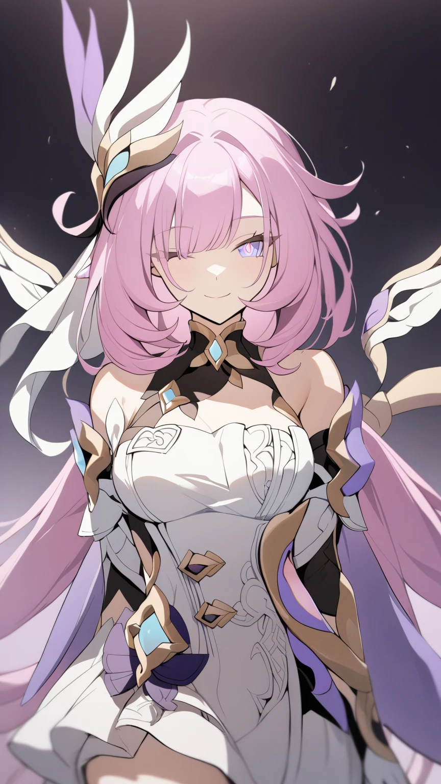 1 girl, Elysia \(Honkai Impact\), alone, closed one eye, white gloves, gloves, dress, looking at the viewer, smile, white dress, closed mouth, bare shoulders, chest, pupil in the shape of a symbol, simple background, very long hair