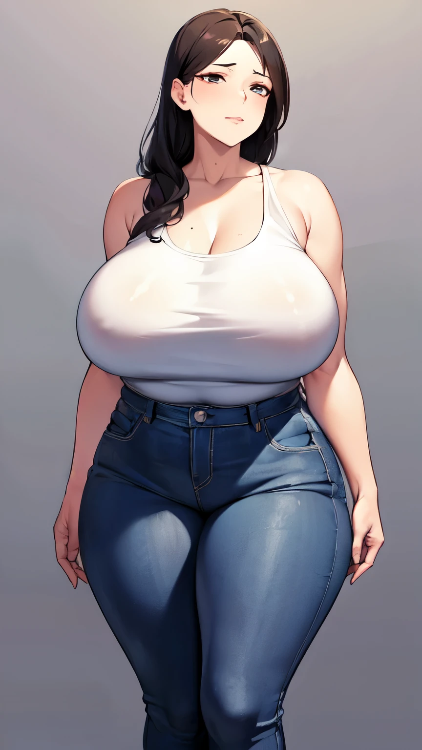 huge breasts, big hips, Tank top, denim shorts, full body shot, Mature mother, Whip lower body, plump thighs, calf, bewitching mature woman, perfect body, plus size model,