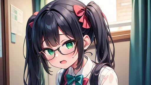 masterpiece,highest quality,wonderful,finely,High resolution,1 girl, big breasts,(orgasm:1.3), black hair, glasses, green eyes, twin tails, full body
