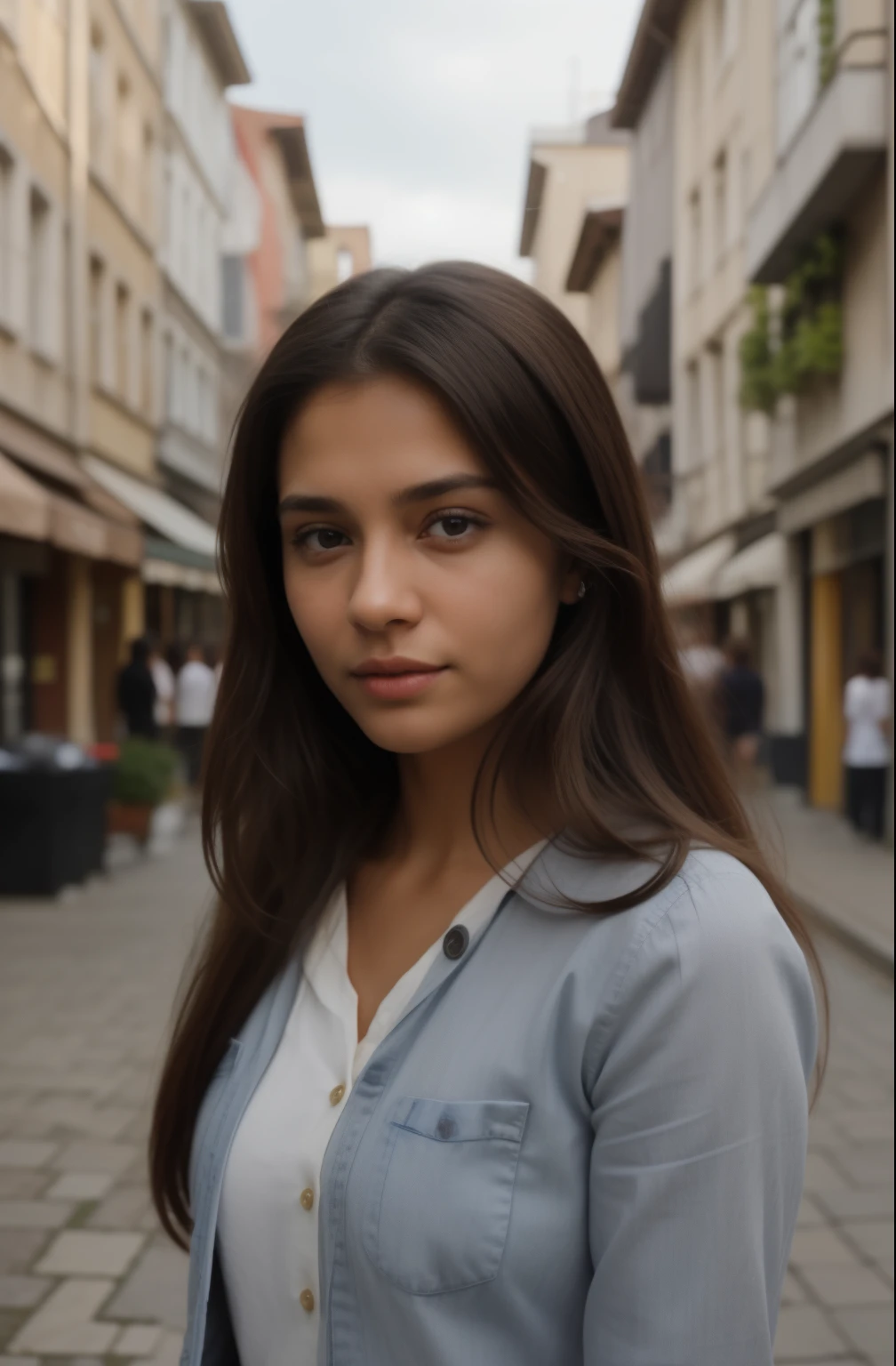 here is a woman in a white shirt with buttons,full sleeve, grey jeans,outside,city,long hair,, indian girl with brown skin,europe street, sexy girl with dark complexion, tanned beauty portrait, hyper realistic, realistic digital painting, detailed beauty portrait, detailed beautiful portrait, with brown skin, in a europe city, photorealistic beautiful face, photorealistic, realistic female portrait, realistic woman