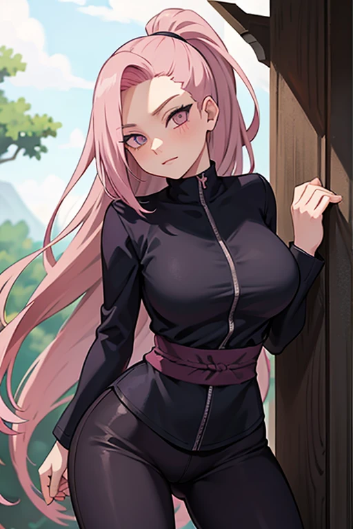 A pink haired woman with violet eyes and an hourglass figure in a conservative gothic Naruto style ninja outfit with black leggings is leaning against a tree