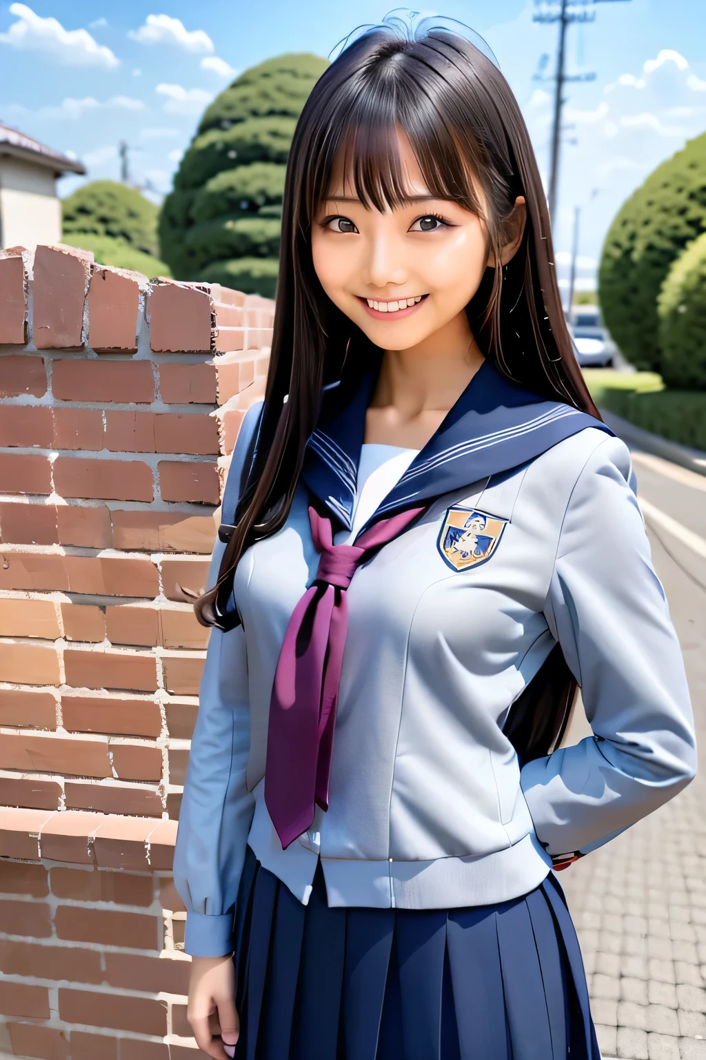Arafe Asian girl in uniform standing by a brick wall and smiling, wearing japanese school uniform, seifuku, japanese , girl in uniform, japanese girl uniform, rumiko, wearing , iwakura lain, wearing , shinkai makoto, Wearing the principal's uniform, loose coat collar sailor suit, Another close up of Iwakura, high resolution, High quality photos, look at viewer, long straight black hair