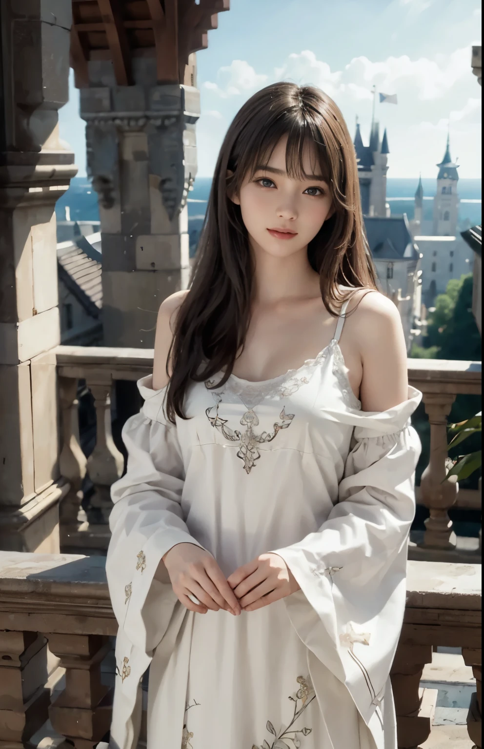 no clothes、nipple、(ultra realistic realism)、(enlightenment)、(High resolution)、(8K)、(best illustrations)、(beautiful detailed eyes)、(highest quality)、(super detailed)、(masterpiece)、(wallpaper)、(detailed face)、alone、looking at the viewer、detailed face、Pure erotic face ace_V1、laughter、 long hair、46 point diagonal bangs、((Beautiful woman standing on the balcony of the castle))