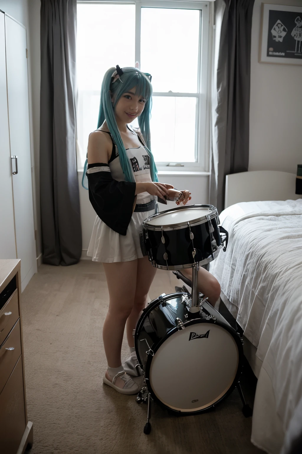Pixelated Hatsune Miku playing a drum kit in her room and with a black and white Botafogo team