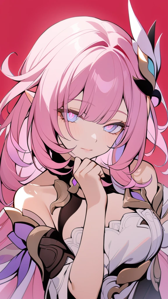 masterpiece, highest quality, 1 girl, alone, looking at the viewer, bangs, Elysia, Honkai Impact, pink hair, pink eyes, long hair, nail polish, hair ornaments, raise your hand, flower, blunt bangs, closed mouth, tassel, portrait, colorful, red background, frills, colorful hair, (full body),