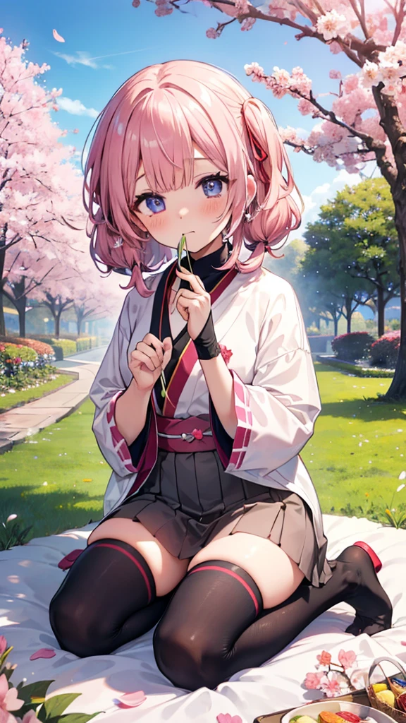 、、Shyness、blush、embarrassing、blush、peak、High resolution、Full HD、8K quality、、、Cherry-blossom viewing、cherry blossoms、picnic、picnicシート、Bento、multi-person group、garden、gardenの道、Grass、、、eye highlights、lively eyes、clear eyes、beautiful eyes、seiza、seiza座り