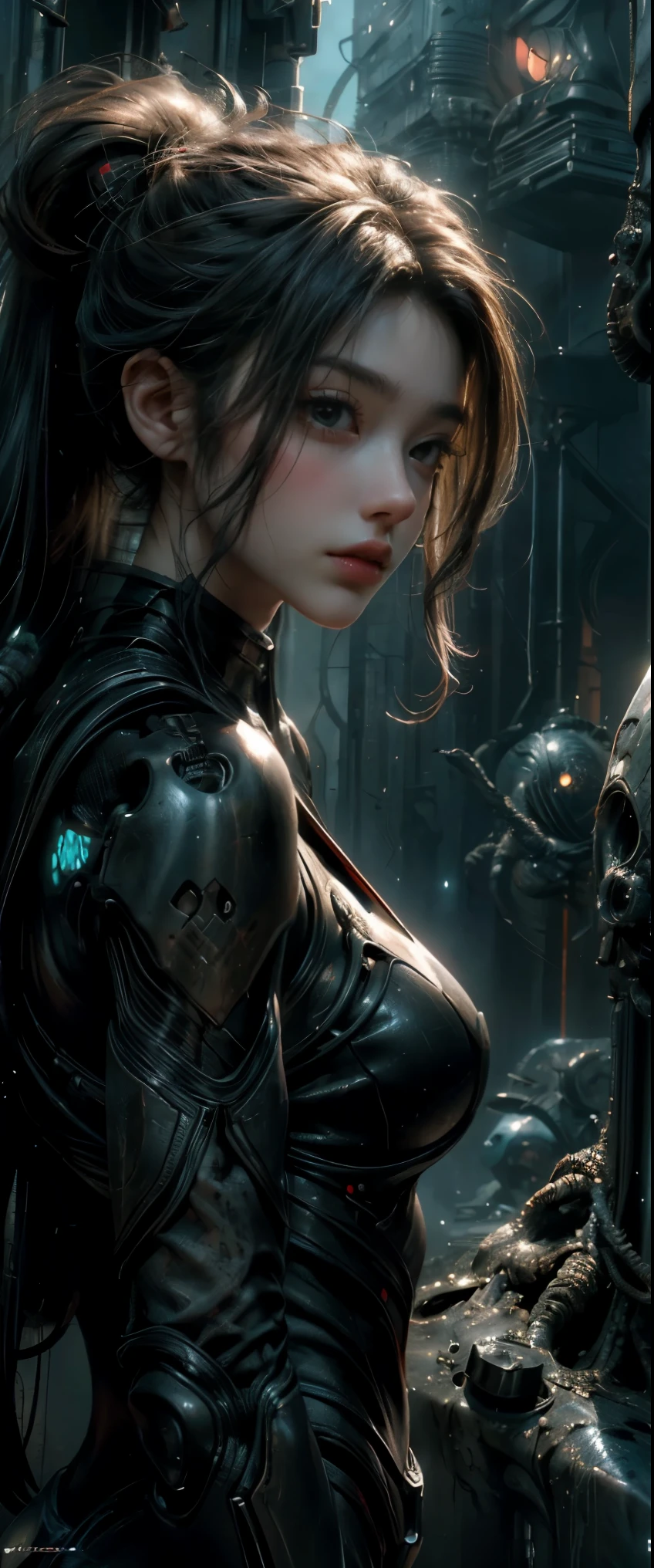 ((masterpiece, highest quality, Highest image quality, High resolution, photorealistic, Raw photo, 8K)), Ultra Wide Angle, Alien Landscap, A female stands next to an Alafedro robot on top of a hill, influenced by Stefan Koidl's background of discarded mechas. The art created by Craig Mullins, specifically in the style of Craig Mullins' Necro, portrays a detailed and futuristic science fiction scene. The emphasis is on SF concept art, It is being attacked by tentacled aliens, The overall lighting captures the essence of concept art in films,