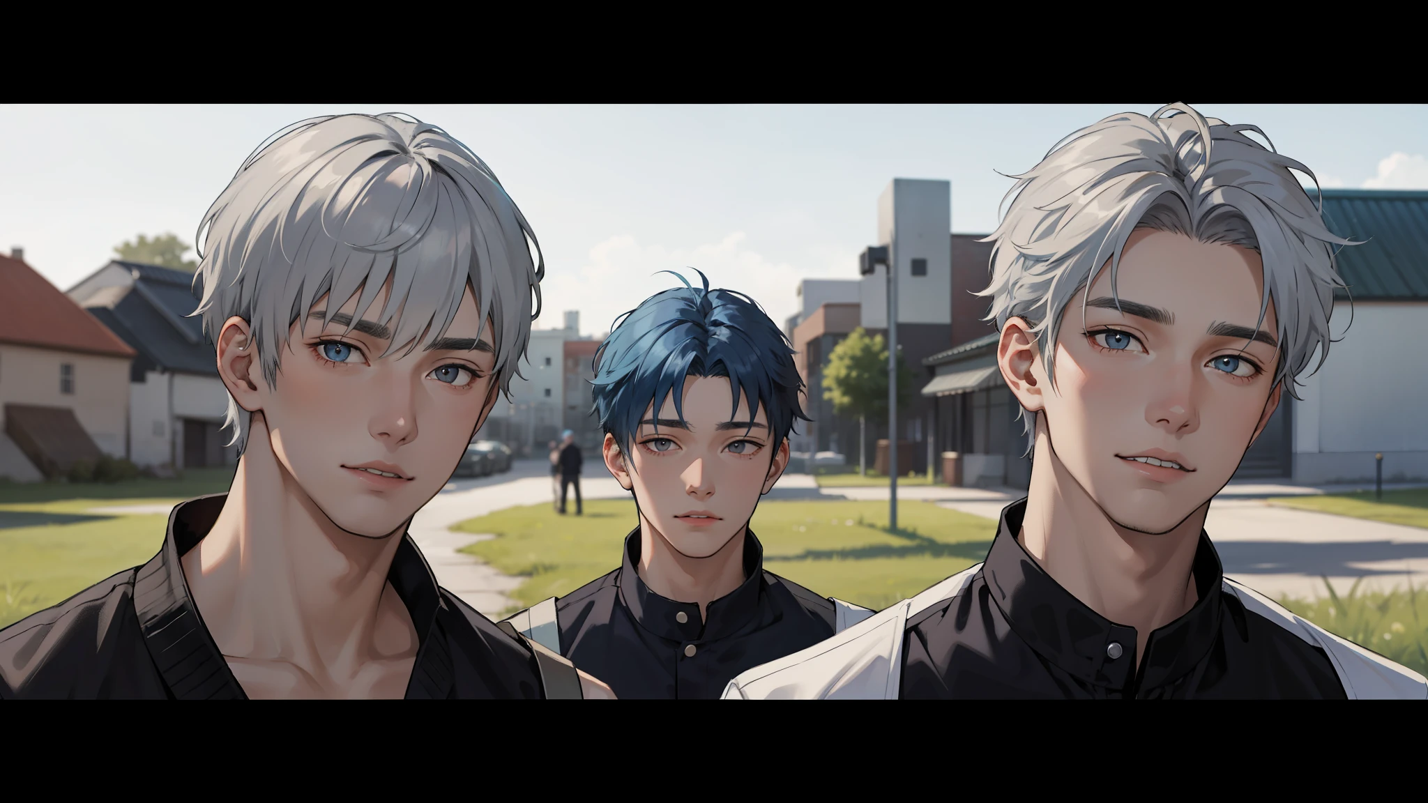 In the background is a silver city Two 15-year-old teenage friends with blue hair, With Latin skin and light gray hair on the outskirts of a large silver city they are talking about an important topic they are friends almost like brothers................