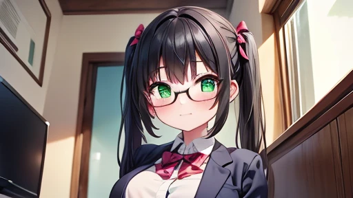 masterpiece,highest quality,wonderful,finely,High resolution,1 girl, big breasts,(afterglow:1.3), black hair, glasses, green eyes,twin tails, full body