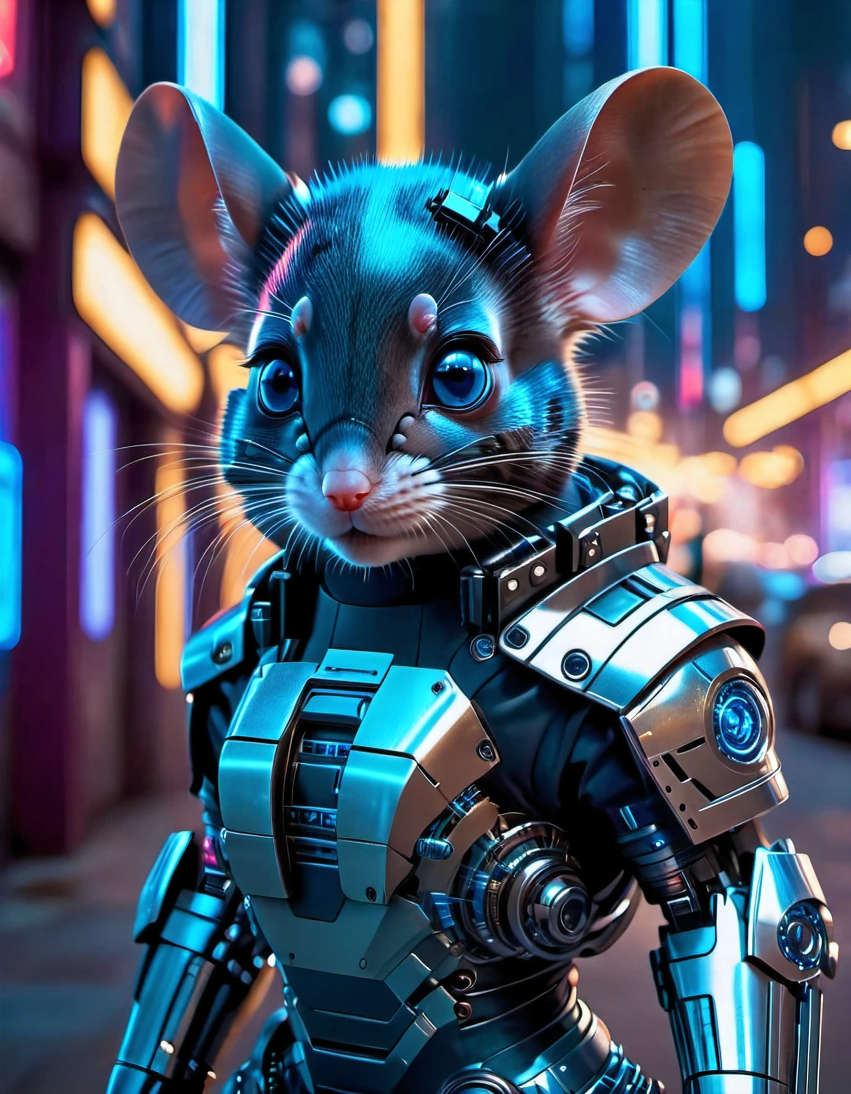 cinematic photo a cute mouse, cyberpunk, science fiction, cyborg, looking at viewer, realistic, blue eyes, lips, black hair, freckles, arms at sides, watermark, artist name, standing, android, armor, blurry, joints, light, stunning, gorgeous, intricate detail, sharp focus, beautiful, elegant, highly detailed, very romantic, glowing
 . 35mm photograph, film, bokeh, professional, 4k, highly detailed