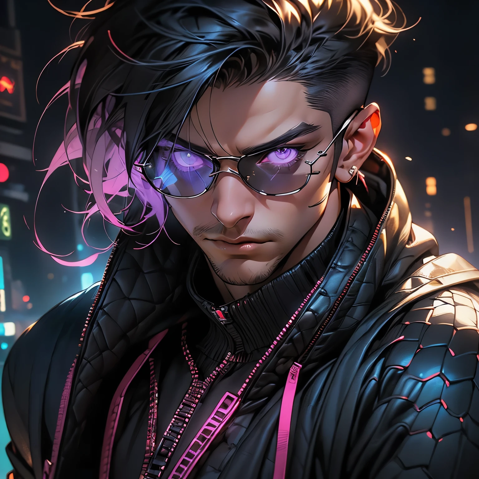 Young Male, Assassin, Hood, White Coat, White Shirt, Cyberpunk, Handsome, Dark Skin, ((Draconic Scales)), Reptilian Arms, Black Hair, ((Shorthair)), Purple Eyes, Ray Band Shades, Menacing, Slim, 3D, Cinematic Lights, Vibrant Colors, Realistic, Tokyo City, Very Detailed, HD, 8K, Masterpiece, HDR