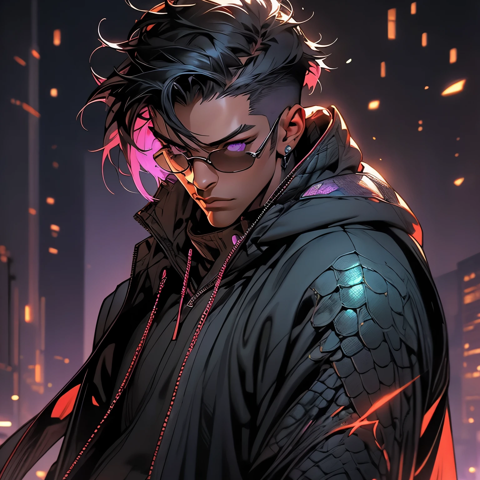 Young Male, Assassin, Hood, White Coat, White Shirt, Cyberpunk, Handsome, Dark Skin, ((Draconic Scales)), Reptilian Arms, Black Hair, ((Shorthair)), Purple Eyes, Ray Band Shades, Menacing, Slim, 3D, Cinematic Lights, Vibrant Colors, Realistic, Tokyo City, Very Detailed, HD, 8K, Masterpiece, HDR