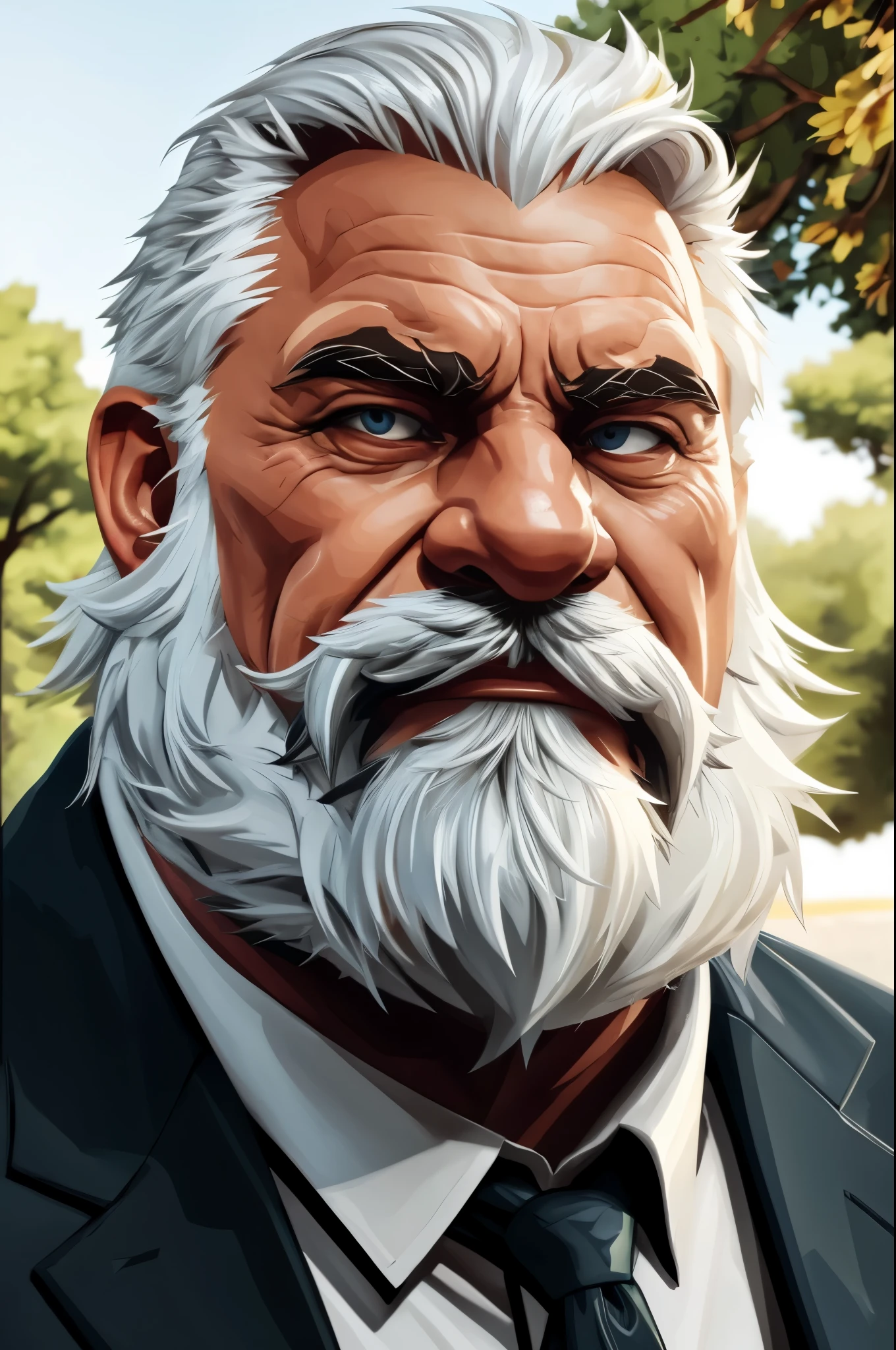 (vector:2.0, mwvector), portrait, muscular old man in park, beard, happy, summer, suits, detailed vector, high detail, half body, realistic, white hair