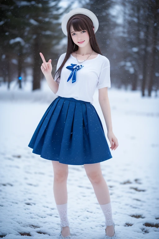 Description: Illustrate an anime girl side pose  wearing a white T-shirt and blue skirt, posing with a victory sign. She has blue eyes, one open and one closed, exuding confidence. Her detailed accessories include a lace-adorned round hat and a sparkling necklace, adding elegance to her ensemble. Set her against a snowy landscape, with soft flakes falling around her, creating a charming and triumphant scene full body pose