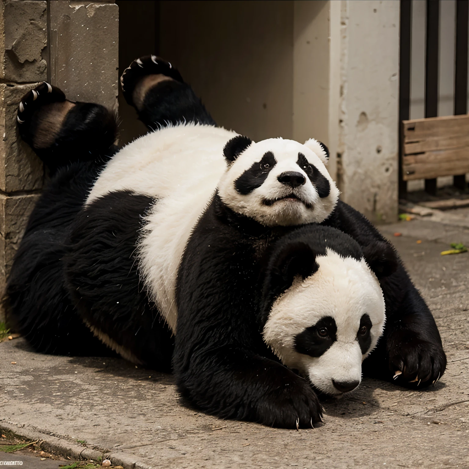 Oso panda sentado con un perro negro