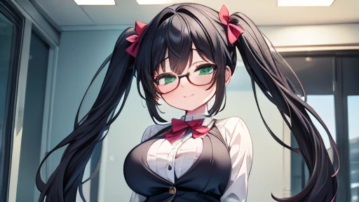 masterpiece,highest quality,wonderful,finely,High resolution,1 girl, big breasts,(half closed eyes:1.3), black hair, glasses, green eyes, twin tails, full body