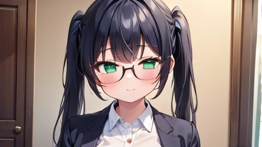masterpiece,highest quality,wonderful,finely,High resolution,1 girl, big breasts,(half closed eyes:1.3), black hair, glasses, green eyes, twin tails, full body