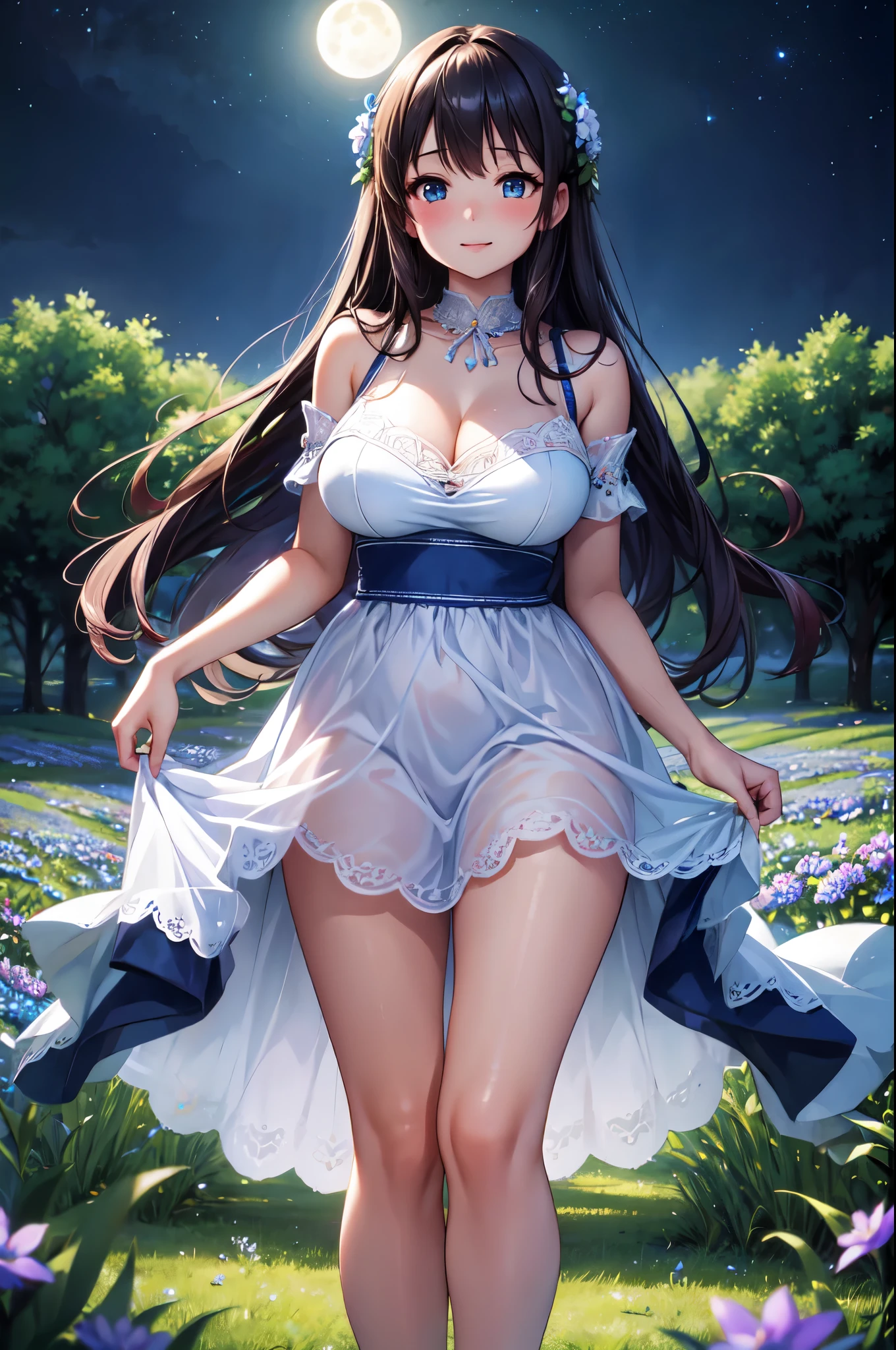 (High quality, High resolution, Fine details), Flower field at night, Full Moon, (light blue flowers), flowing dress, gentle breeze, (standing), solo, curvy adult women, sparkling eyes, (Detailed eyes:1.2), smile, blush, Sweat, Oily skin, shallow depth of field, (soft and dreamy), romantic atmosphere, magical ambiance, enchanting scene