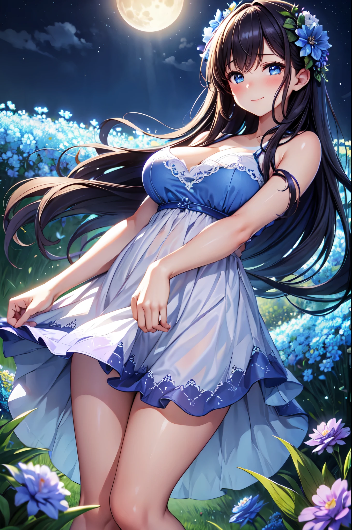 Masterpiece、Highest quality、Super detailed、(1 girl)、Big Tits、Cleavage、Blue Hair、Fluffy and soft long hair、梅rain、hydrangea、rain、Wet、Lace dress、Lace cape、See-through、Nipples、Pussy